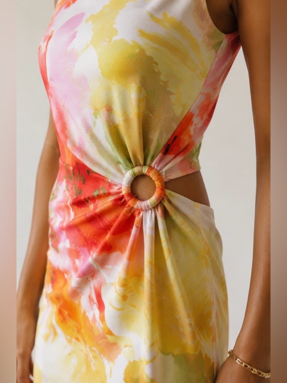 Floral Ring Detail Side Cutout Sheath Dress Tropical Watercolor Pink Yellow Sz 8 - Picture 2 of 7